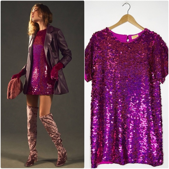 Verb Pink Sequin Short Sleeve Dress Anthropologie Size Small - Picture 1 of 12